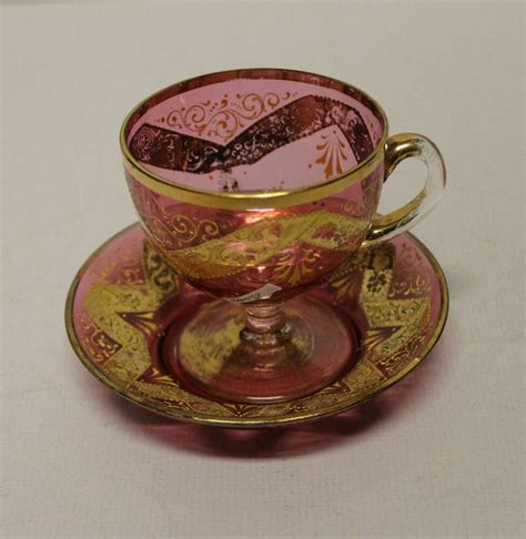 Antique Moser Signed Art Glass Cranberry Cup And Saucer With Gold