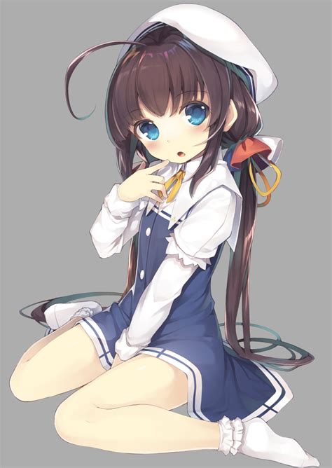 safebooru 1girl o ahoge bangs beret between legs blue dress blue