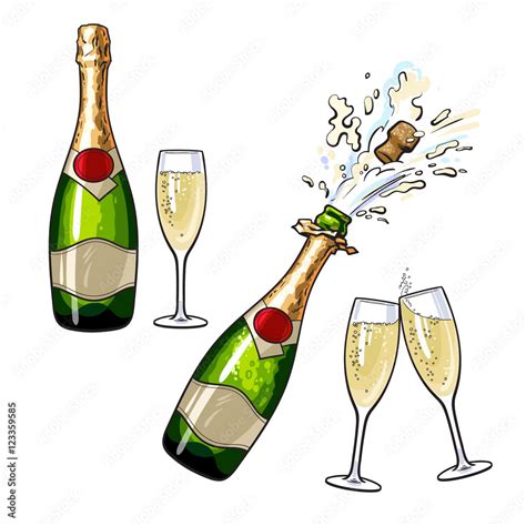 champagne bottle  glasses set  cartoon vector illustrations