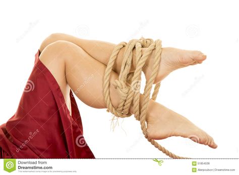 Woman Legs With Red Sheet Tied With Rope Feet Knees Bent