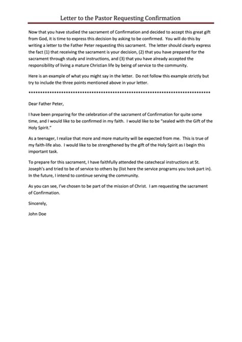 letter   pastor requesting confirmation printable