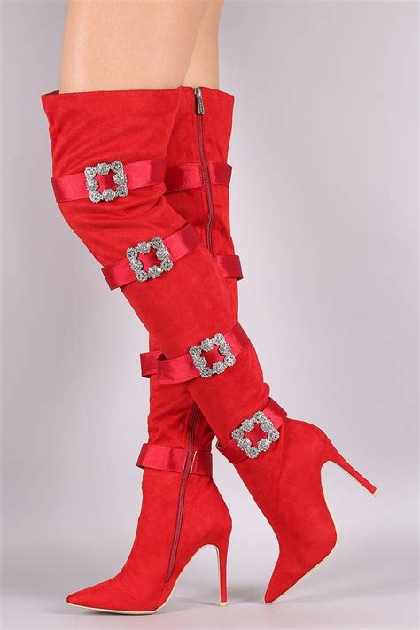 Faux Crystal Buckle Embellished Suede Pointy Toe Over The Knee Stiletto