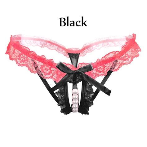 Sexy Crotchless Faux Pearl Lace Bowknot Underwear Women Thong Briefs
