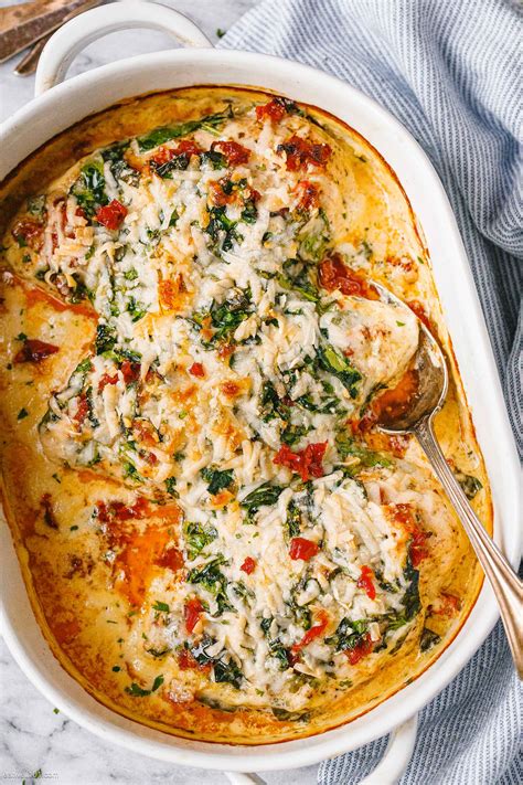 creamy chicken breast bake recipe with spinach and sun dried tomatoes