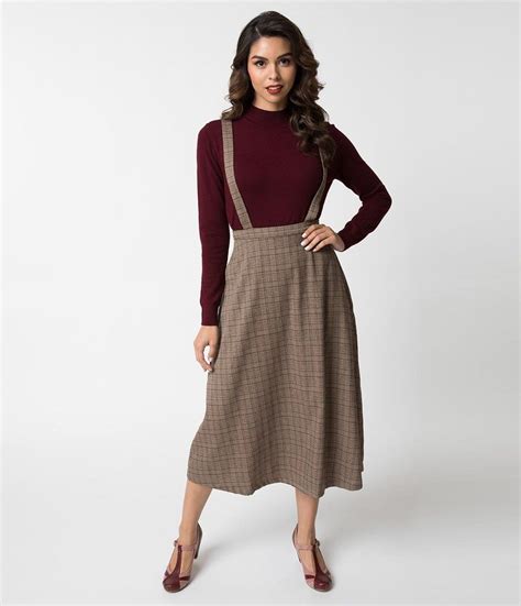 brown plaid skirt with suspenders elegant midi skirt skirts midi skirt