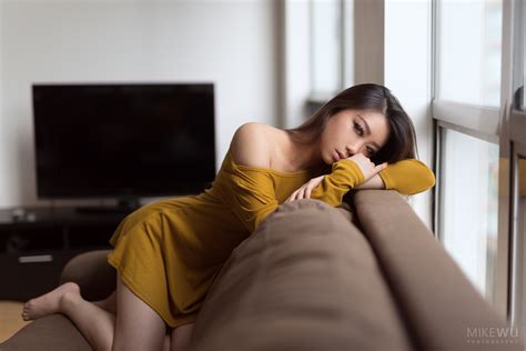 Wallpaper Women Asian Kneeling Couch Tv Window Yellow Dress