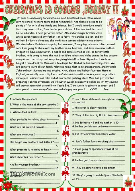 christmas reading comprehension worksheets middle school