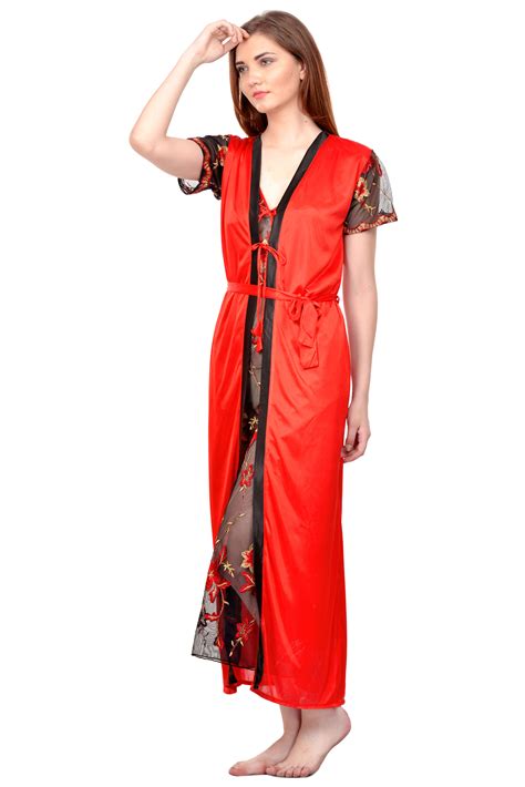 Buy Boosah Red Satin Plain Night Gowns And Nighty Pack Of 2 Online