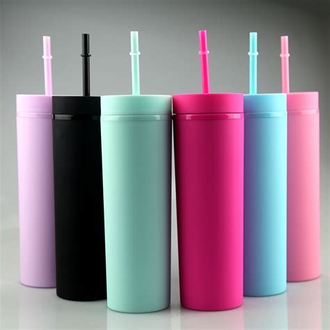 16oz Double Wall Plastic Acrylic Colorful Skinny Tumbler With Straw