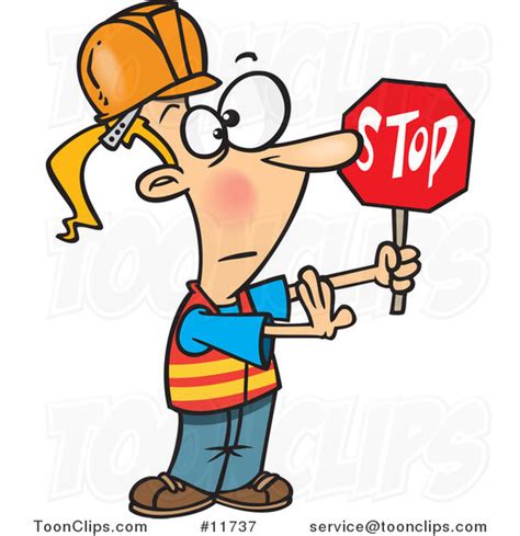 Cartoon Traffic Girl Construction Worker Stopping 11737