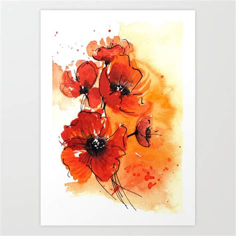 Red Poppy Flowers Watercolor Painting Art Print By