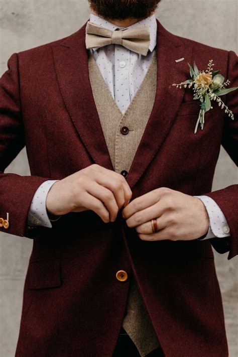 Burgundy Red Suit With Wool Texture And A Tan Vest With Dainty Polka