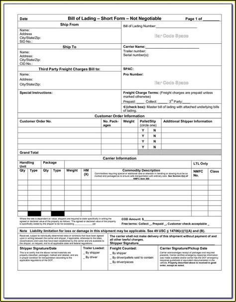 straight bill  lading short form template