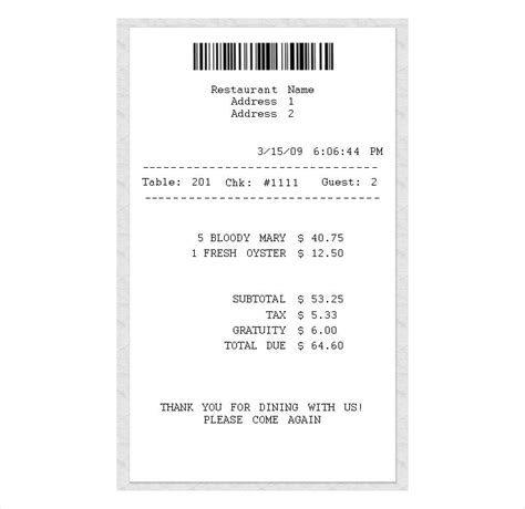 restaurant receipt templates