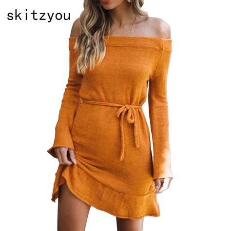 skitzyou sexy slash neck off shoulder women autumn sweater dress long