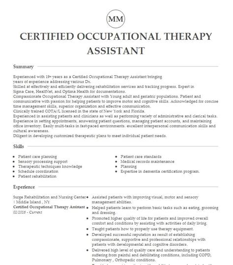 Certified Occupational Therapy Assistant Resume Objective