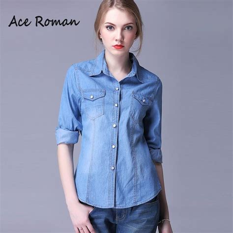 buy  womens denim blouses  blue jeans shirts blouse long sleeve vintage