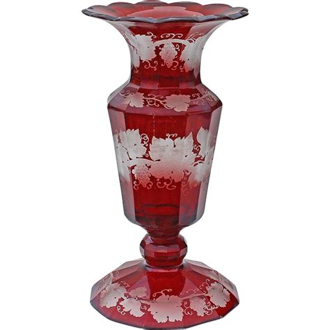 19th Century Bohemian Glass Ruby Red Cut To Clear Vase From