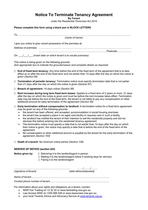 sample notice  terminate tenancy agreement