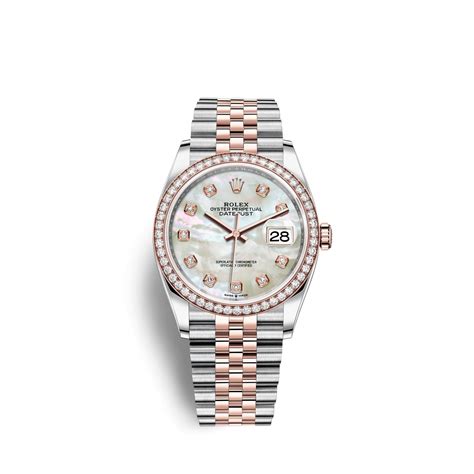 rolex datejust  white mother  pearl dial stainless steel  everose gold  mm rbr