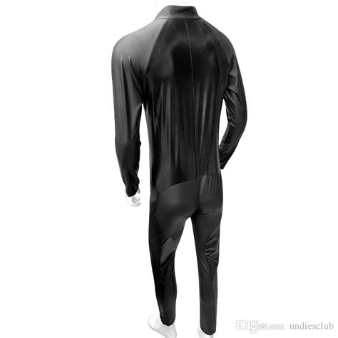 2021 Faux Leather Men Slim Fit Bodysuit Long Sleeve Patchwork Open