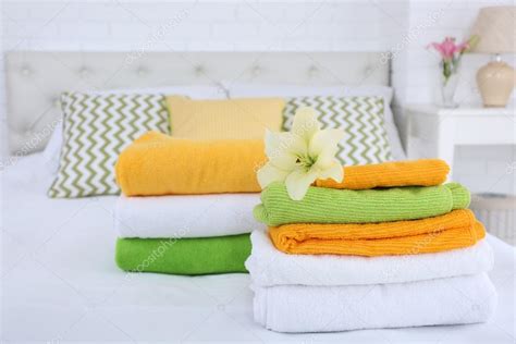 freshly laundered fluffy towels stock photo  belchonock