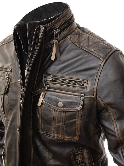 mens biker motorcycle vintage cafe racer distressed brown real leather jacket outerwear