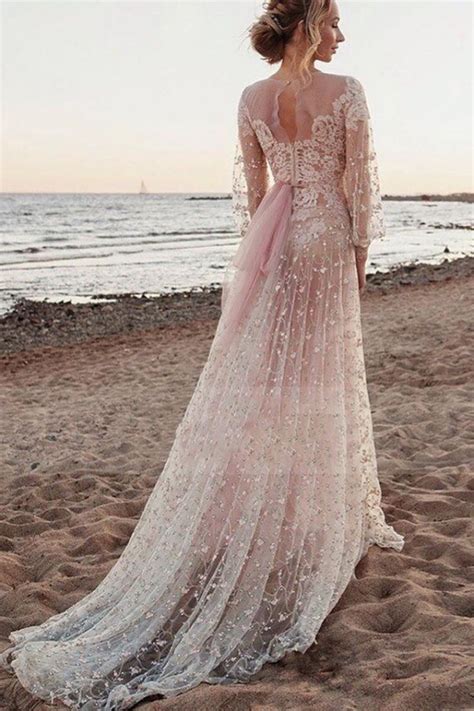 romantic illusion beach wedding dresses sheer neck puffy long sleeve bridal gown long sleeve