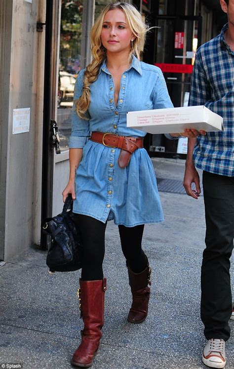 hayden panettiere displays her cleavage in a flirty denim dress as she