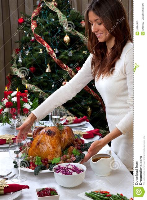 christmas roasted turkey woman serving royalty free stock