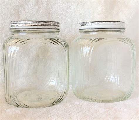 Pair Of Mid Century Vintage Glass Jars With White Metal Lids Etsy