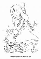 Diwali Colouring Rangoli Pages Girl India Painting Indian Coloring Drawing Activityvillage Children Cards Kids Festival Bollywood Activities Printable Party Happy sketch template