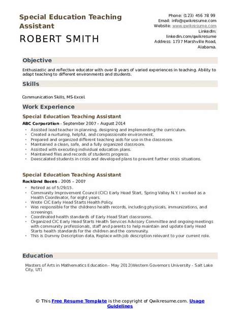 special education teaching assistant resume samples qwikresume