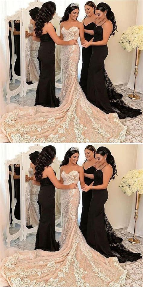 Black Lace Mermaid Cheap Long Bridesmaid Dresses Black Bridesmaid