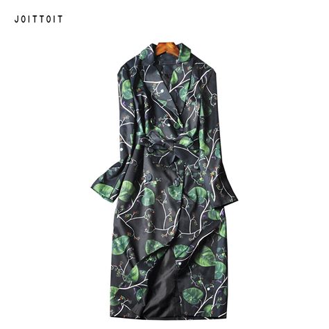 women long trench coat office ladies floral print double breasted