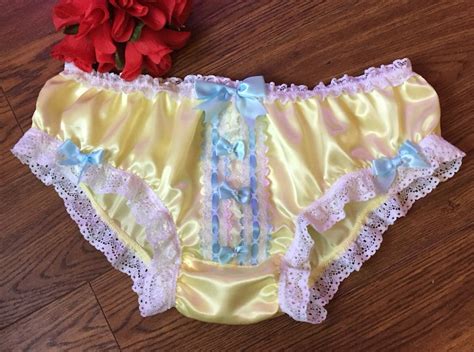 Pale Lemon Blue Trim Girly Sissy Bikini Panties Satin Knickers Etsy