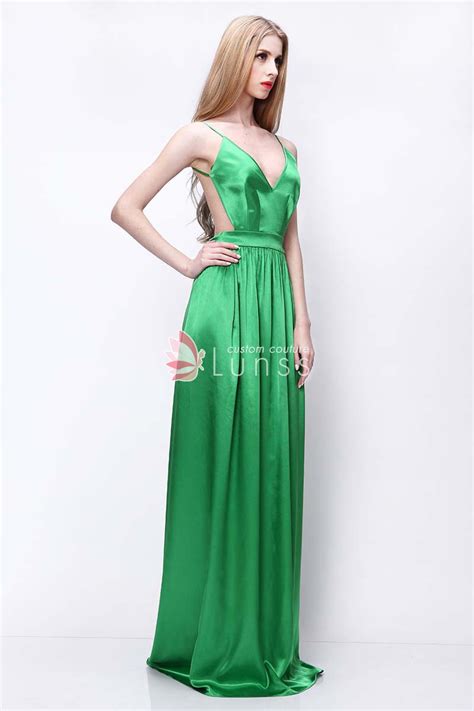 sexy v neckline open back green satin alex frnka celebrity prom dress lunss couture