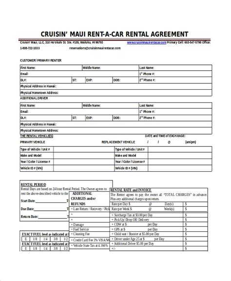 blank printable car rental agreement form