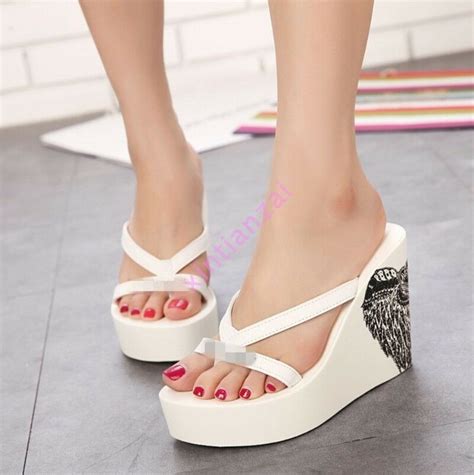 hot summer womens printing beach platform flip flop thong high wedge heel sandal ebay