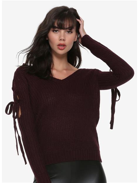 Burgundy Lace Up Cold Shoulder Girls Sweater Hot Topic