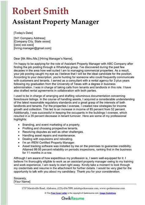 assistant property manager cover letter examples qwikresume