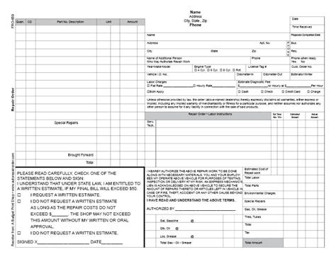 automotive repair order template  printable documents estimate