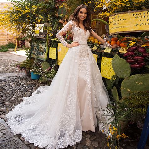elegant mermaid wedding dresses  beading crystal detachable train vestido de noiva sereia