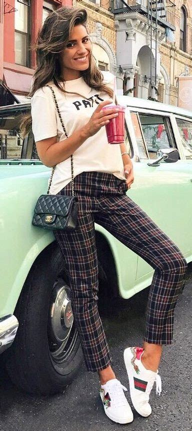 cool outfittee bag plaid pants sneakers plaid pants plaid