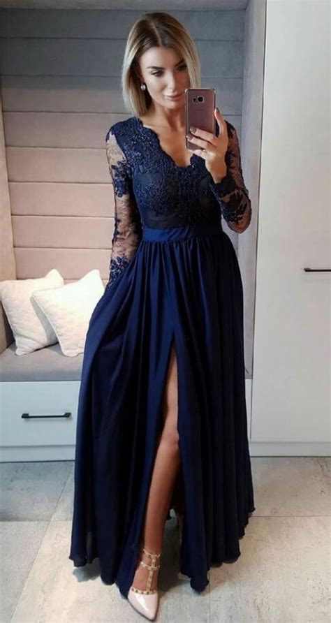 Sheer Long Sleeve Evening Gown Navy Blue V Neck Prom Dress