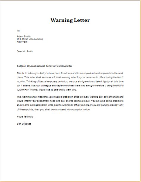 warning letter sample templates word excel templates