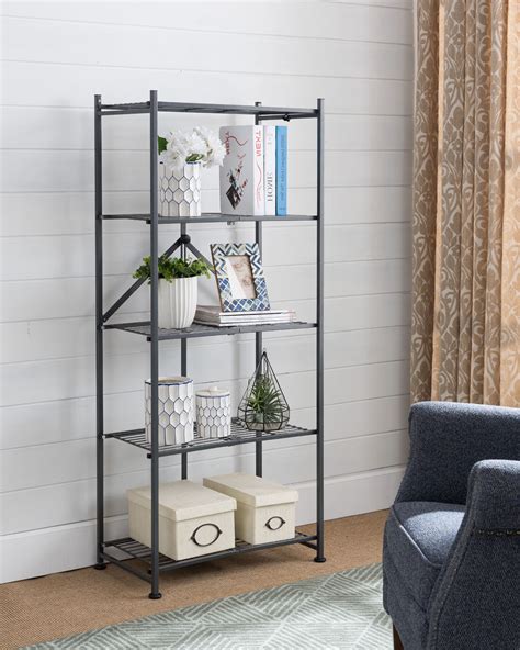 marsden gray metal transitional  tier shelf folding storage bookcase home office organizer