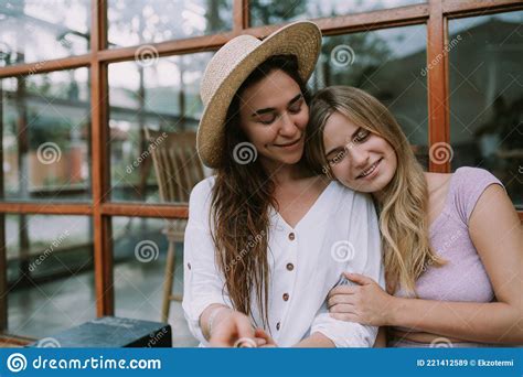 two lesbians have a date in cafe stock image image of pink freedom