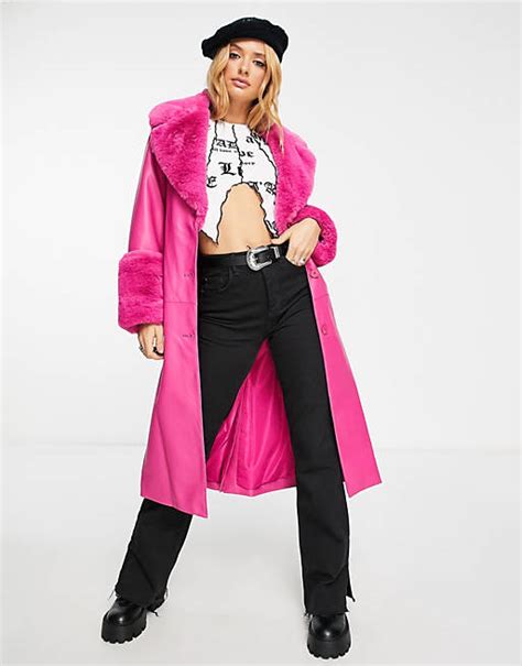 bershka jas met imitatiebont en gestrikte voorkant  roze asos