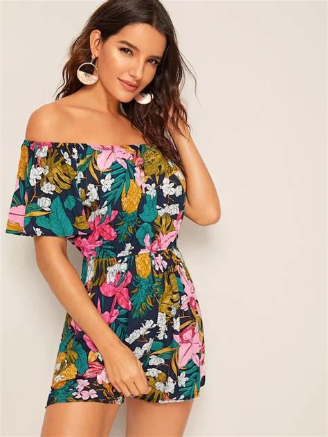 off the shoulder pineapple print hawaiian romper dressy